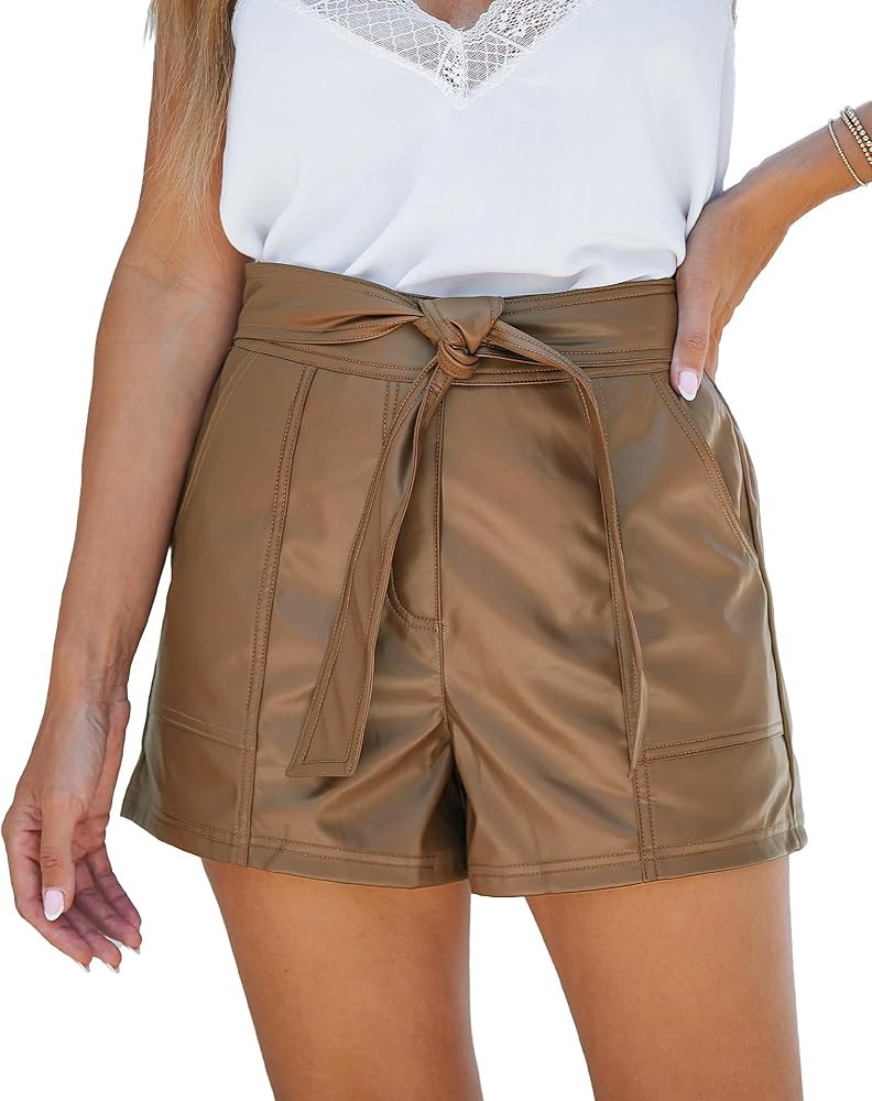 luvamia Faux Leather Shorts for Women High Waist Wide Leg Stretchy Waist Shorts with Pockets Belt... | Amazon (US)