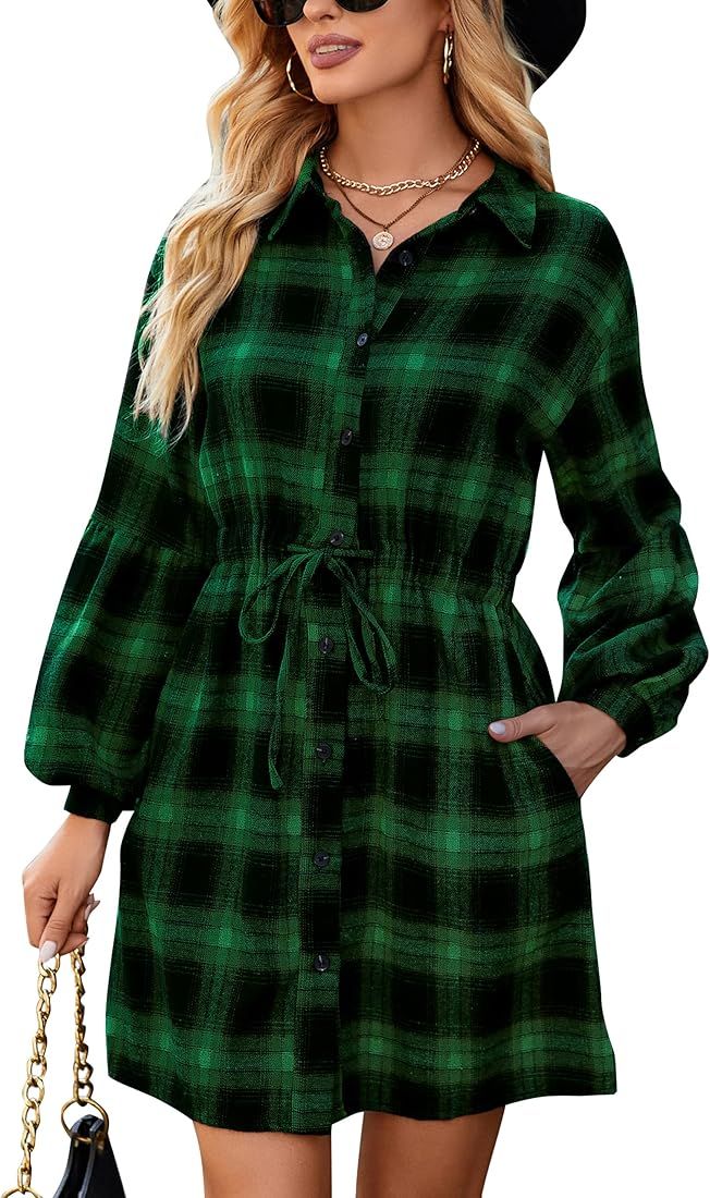 Blooming Jelly Womens Plaid Dress Flannel Puff Sleeve Dress Button Down Casual Dresses Tunic Dres... | Amazon (US)