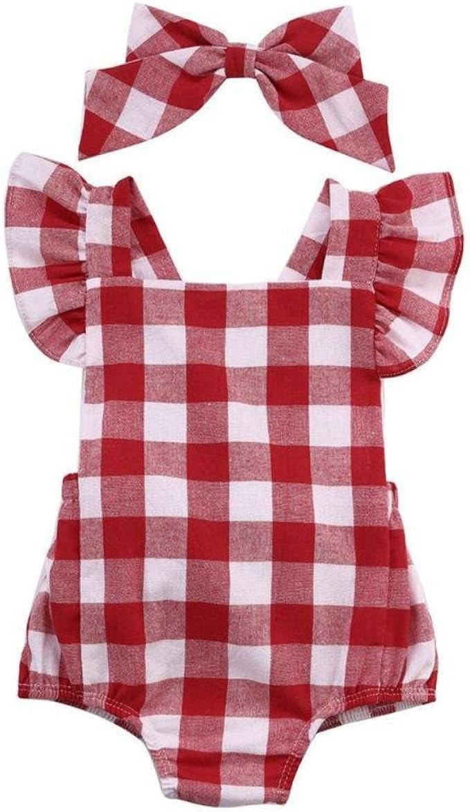Red Ribbon Gingham Plaid Baby Girls Romper and Headband Set | Amazon (US)