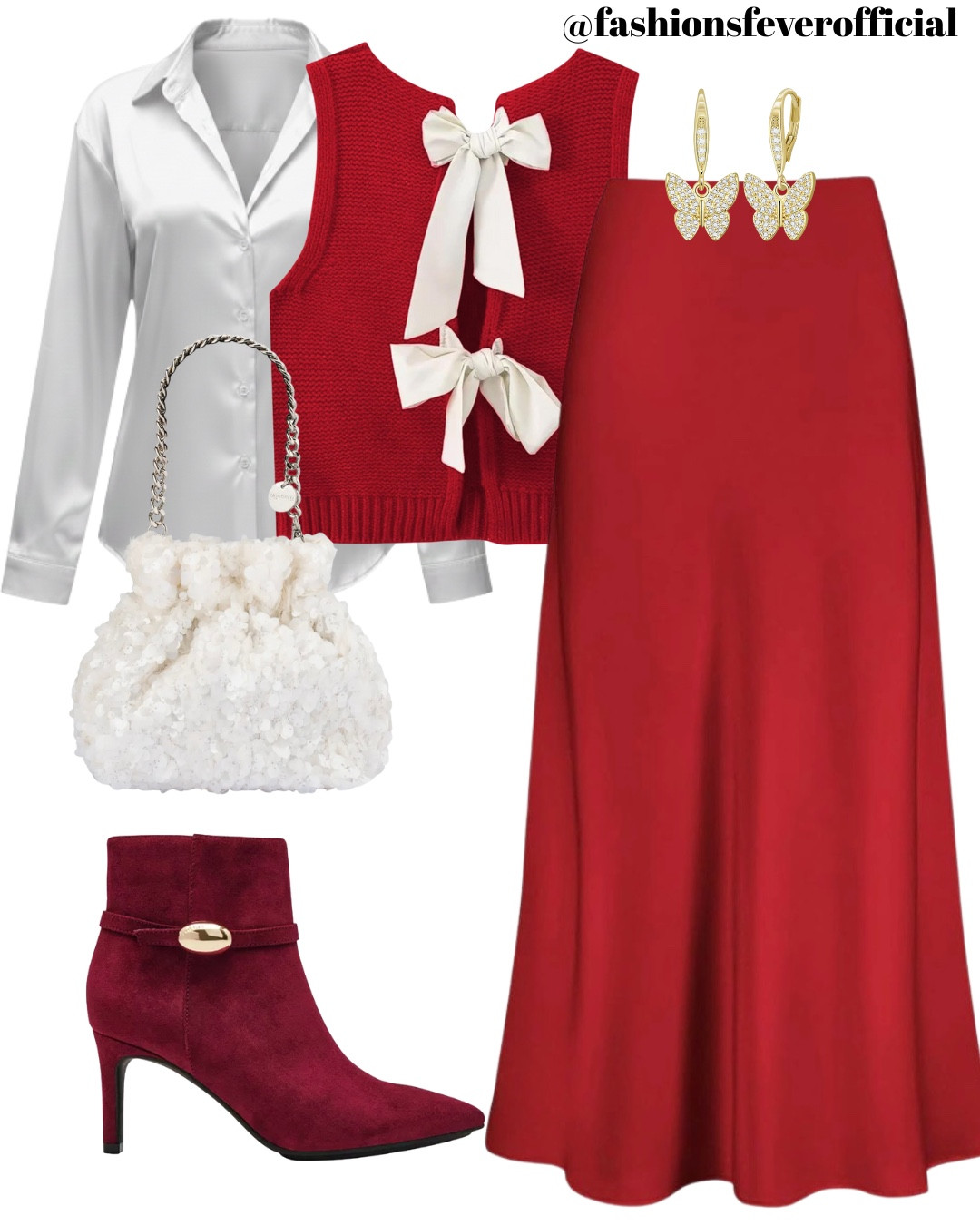 Romantic, classy, and effortlessly chic!This Valentine’s Day look is all about timeless elegance with a modern twist. A crisp white button-down layered under a red bow-detail knit vest creates the perfect balance of feminine and polished. Paired with a flowy red midi skirt, this outfit feels romantic without being over-the-top. Finished with deep red ankle boots, delicate butterfly earrings, and a soft white textured handbag for a dreamy, date-ready vibe. Perfect for Valentine’s Day brunch, a cozy dinner date, or strolling through the city in winter.

#LTKFashion #LTKStyletip

#LTKootd #LTKValentine #LTKSeasonal