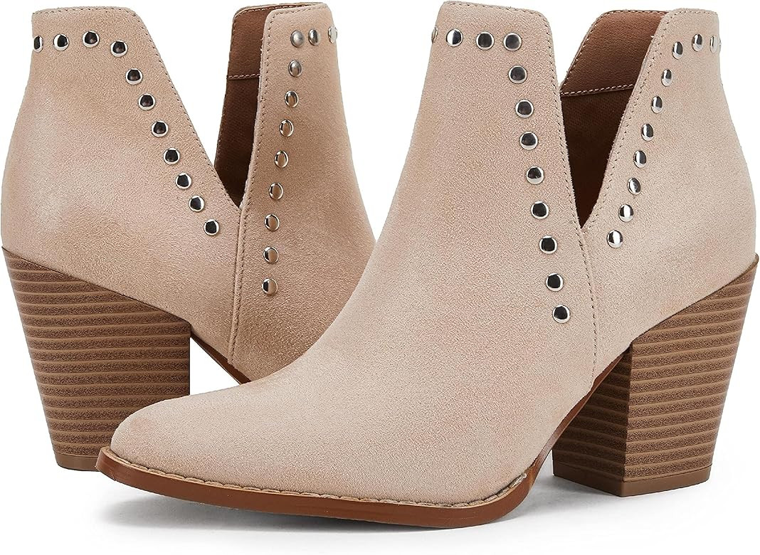 Women's Ankle Boots Cutout Chunky Stacked Heel Faux Leather Western Booties | Amazon (US)