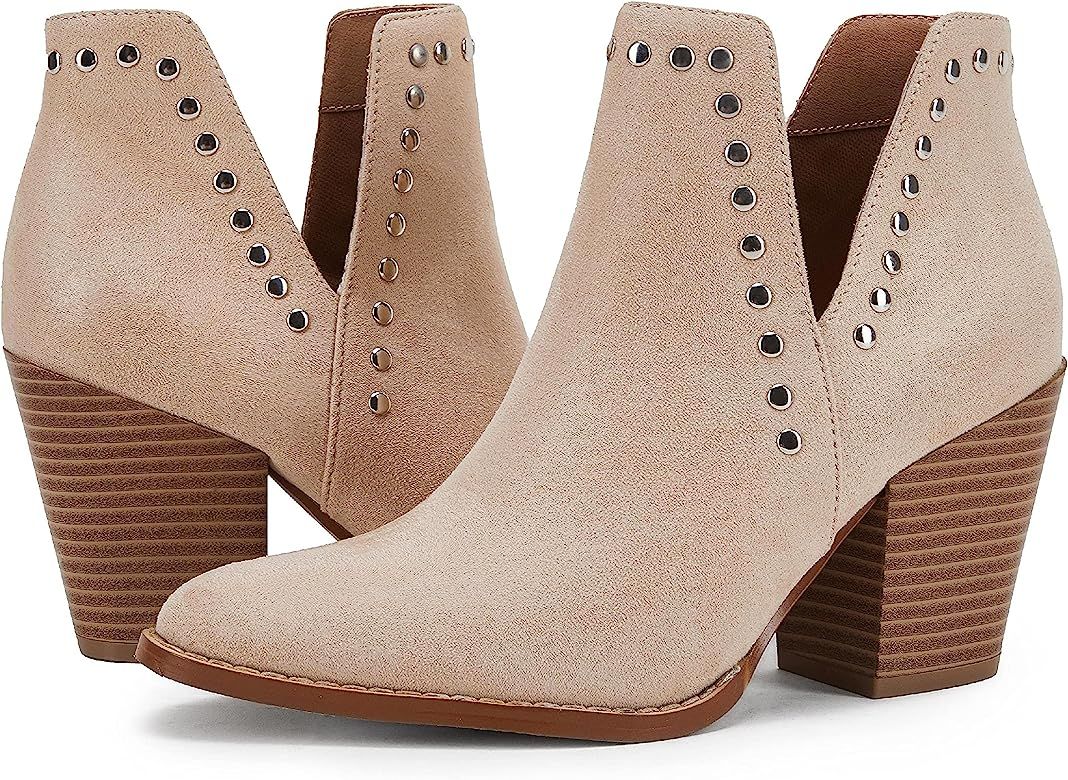 Women's Ankle Boots Cutout Chunky Stacked Heel Faux Leather Western Booties | Amazon (US)