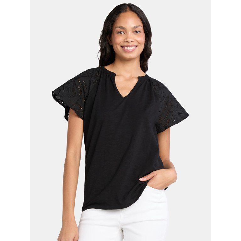 Time Tru Women's Mixed Media Cotton Top with Eyelet Flutter Sleeves, Sizes XS-XXXL - Walmart.com | Walmart (US)