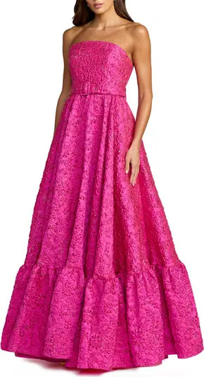 Strapless Floral Brocade Ruffle Hem Gown With Belt | Nordstrom