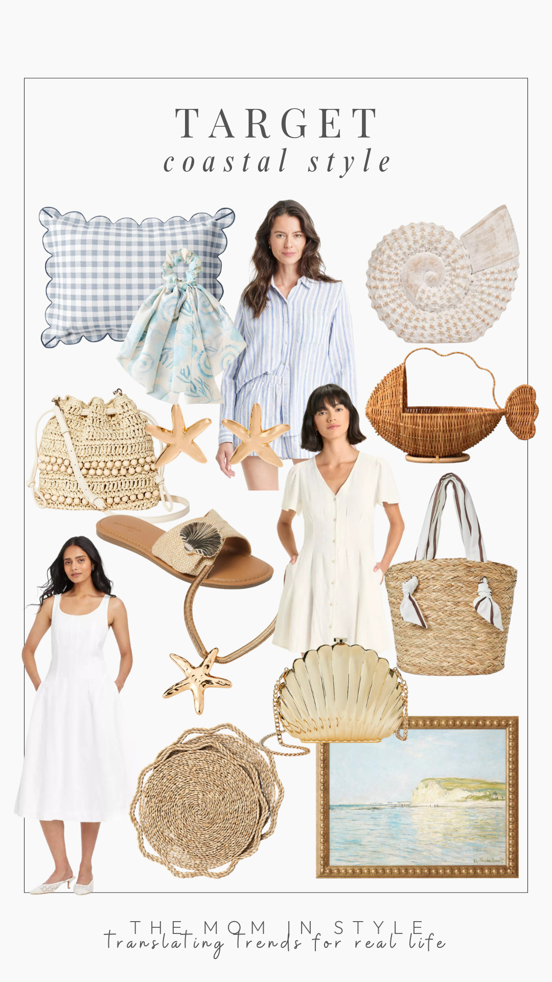 coastal decor, summer fashion, beach outfit, coastal home, straw bag, white dress, shell accessories, coastal pillows, rattan basket, seaside style 

 #LTKFindsUnder50 #LTKFindsUnder100