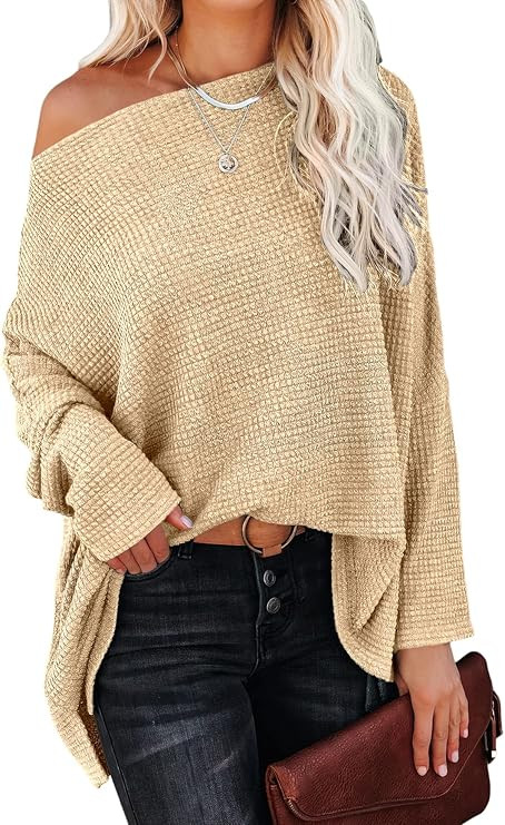 ANRABESS Women Casual Loose Off Shoulder Long Batwing Sleeve Waffle Knit Oversized Pullover Shirt... | Amazon (US)