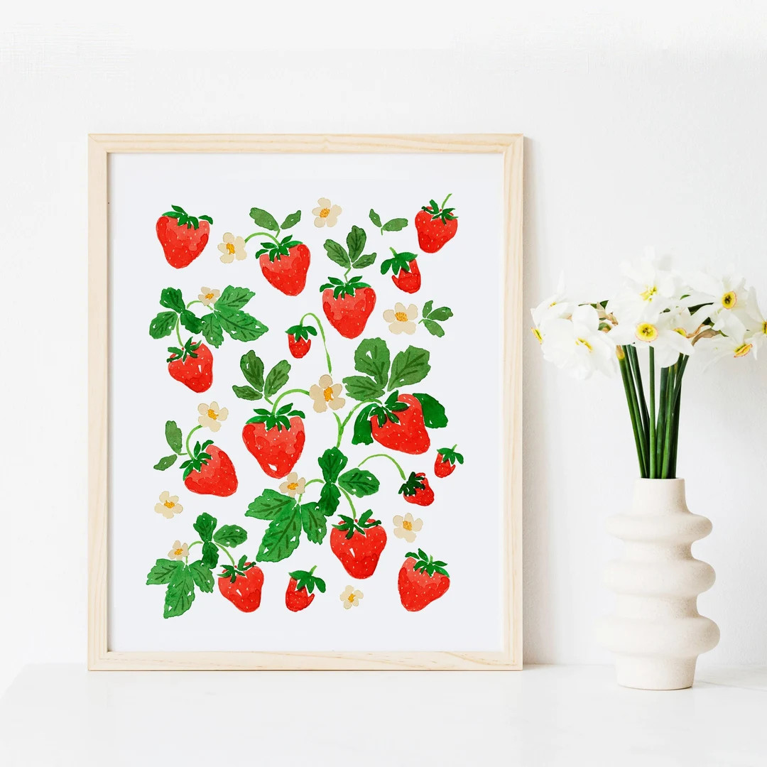 Strawberry Decor, Strawberry Print, Strawberry Art, Strawberry Painting, Fruit Cottage Core Kitch... | Etsy (US)