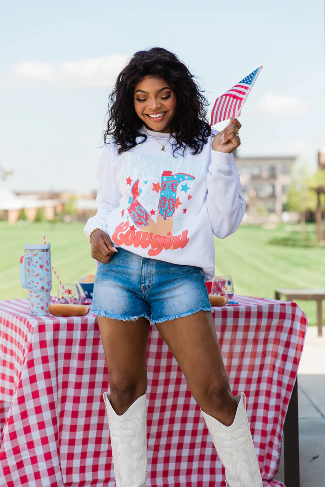 American Cowgirl White Oversized Graphic Sweatshirt DOORBUSTER | Pink Lily