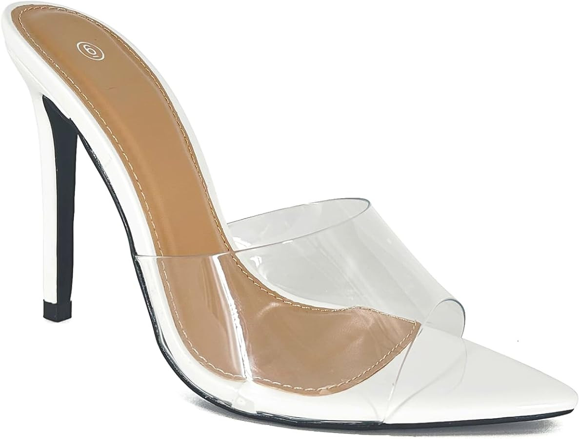 Women Clear Pointed Toe Sandals Stiletto Heels Transparent Strap High Heels Slip on Mules for Wom... | Amazon (US)