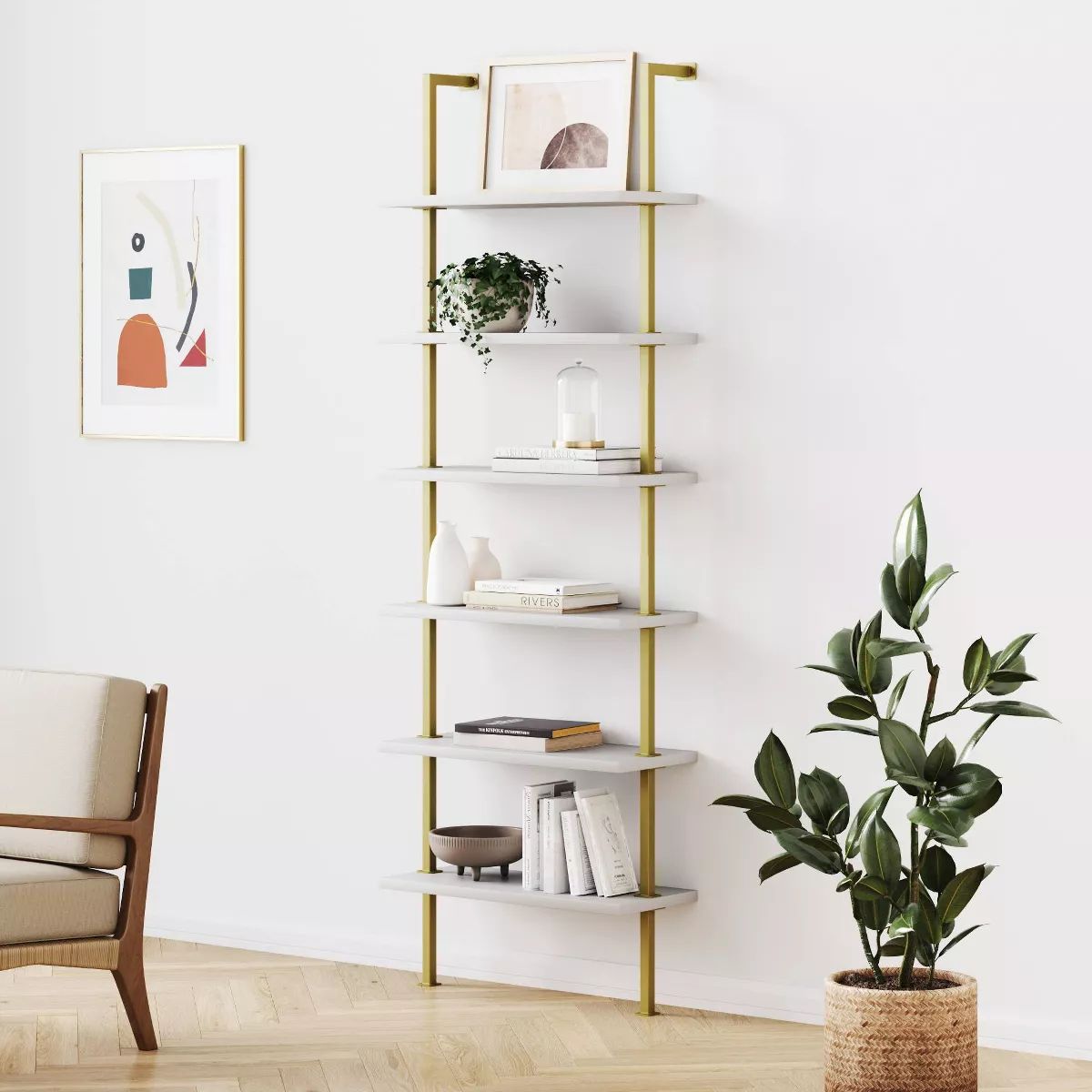 85" Theo 6 Tier Wood Wall Mount Ladder Bookshelf White/Gold - Nathan James | Target