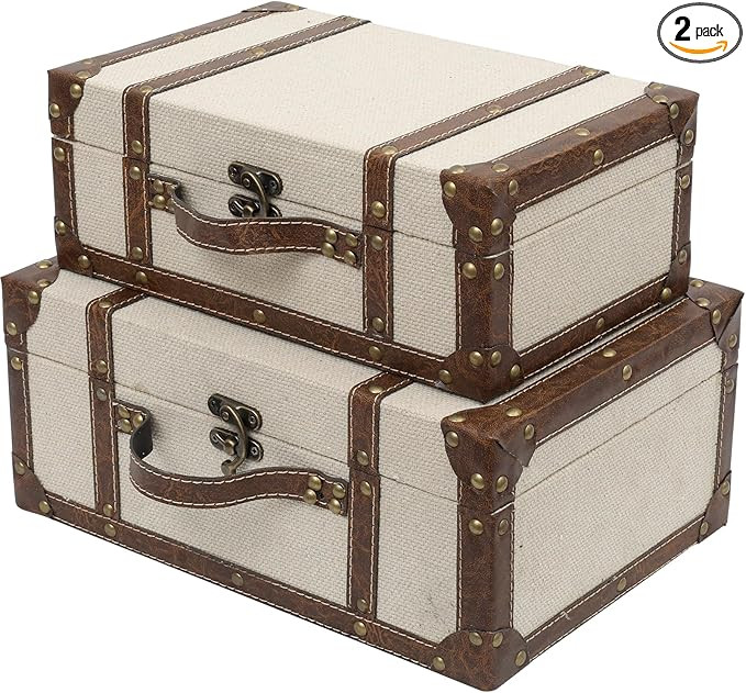 Vintage Suitcase Linen Fabric Covered Decorative Trunk Set of 2 - Antique-Style Wood Chests, Perf... | Amazon (US)