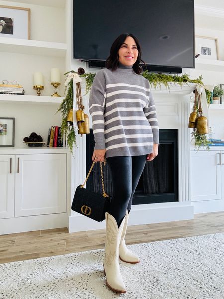 Sweater outfit 
Faux leather leggings 
Spanx leggings 
Western boots
Luxury bag
Striped tunic sweater 
Holiday outfit
Winter outfit 

#LTKSeasonal #LTKover40 #LTKstyletip