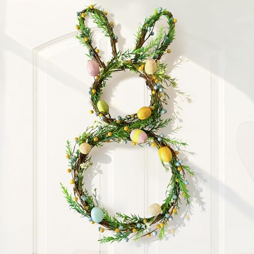 Easter Bunny Wreaths for Front Door, Easter Rabbit Decor with Eggs, Spring Wreath with Twig and Berries, Artificial Green Decoration for Home Indoor Outdoor Farmhouse Wall Mantel Window Party Decor | Amazon (US)
