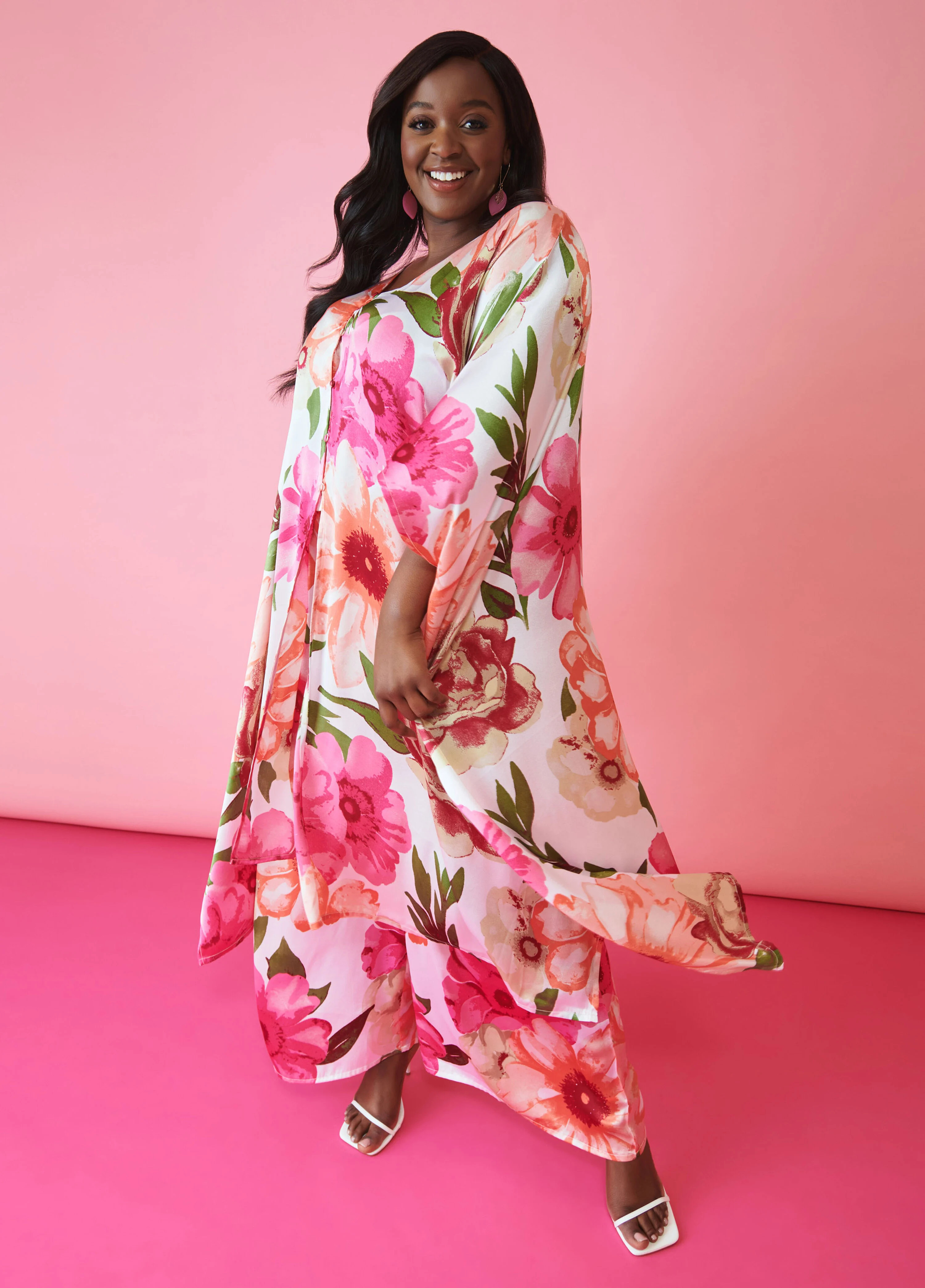 Floral Print Satin Kimono | Ashley Stewart