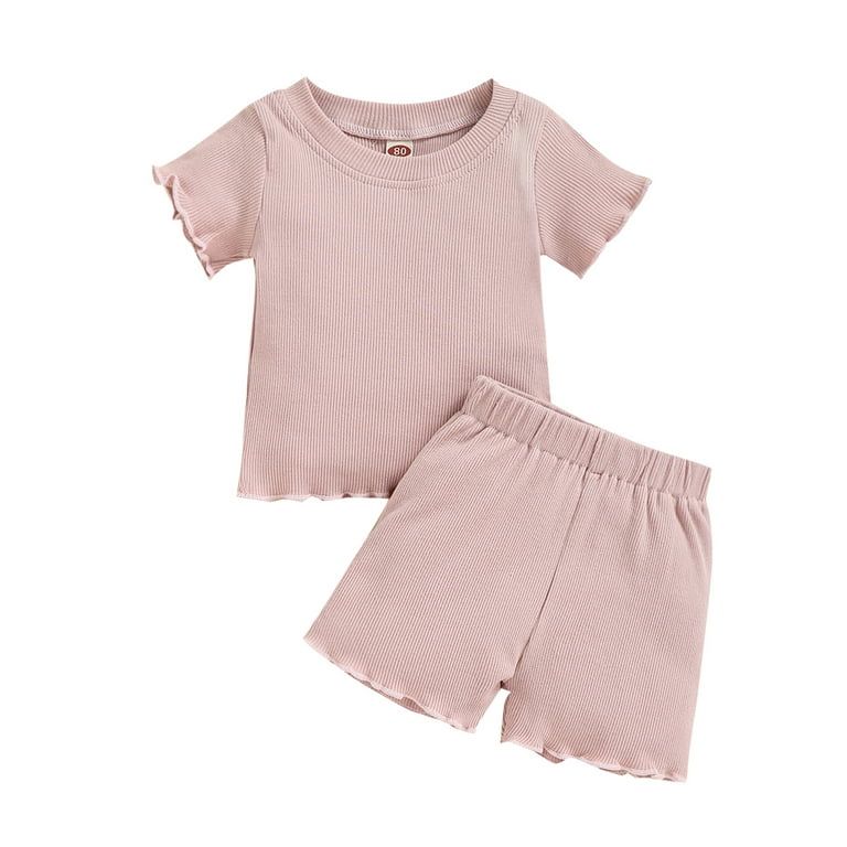 Musuos 2Pcs Baby Girls Ruffle Ribbed Knit Short Sleeves T-Shirt Tops Elastic Waist Shorts | Walmart (US)