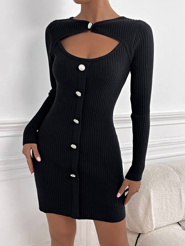 IKYE Women's Sweater Dresses Rib-Knit Cut Out Button Front Sweater Dress Autumn Lightweight Fashi... | Amazon (US)