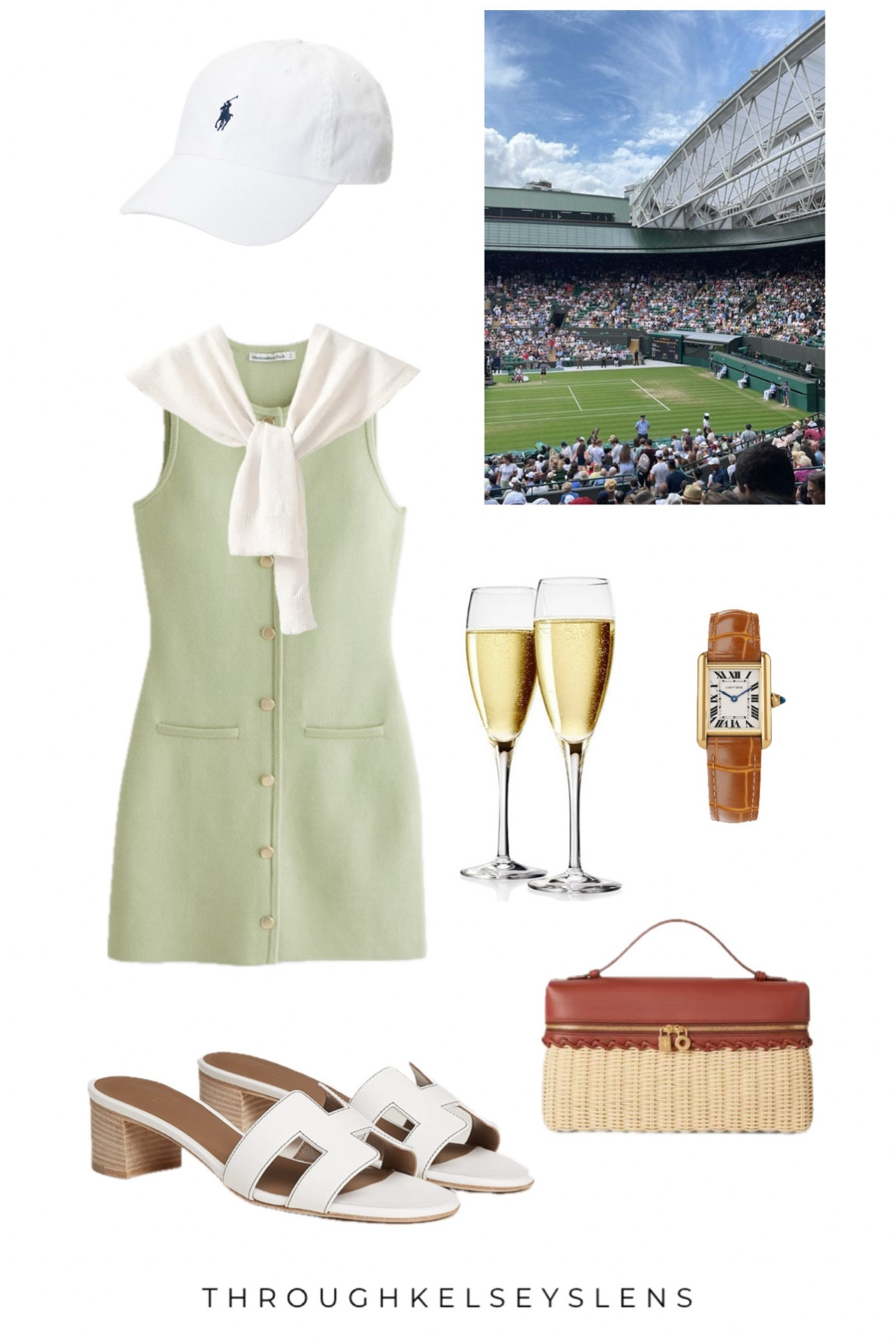 Wimbledon Outfit green dress tennis white sweater wicker bag grass court summer outfit old money preppy #tennis #greendress #wimbledon #wimbledonoutfit 

#LTKTravel #LTKItBag #LTKSummerEdit