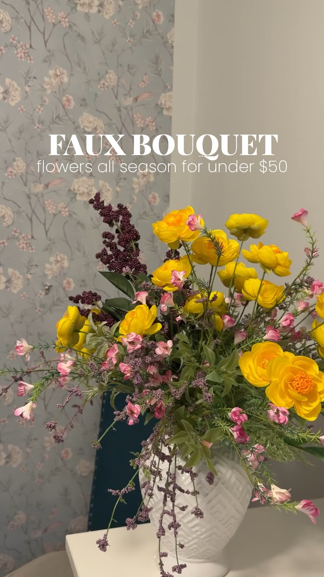 I mixed:
1 x Berry stem
2 x Ranunculus
3 x Blossom Mix

This is such a gorgeous and happy bouquet! Perfect for spring and summer - my favorite part (other than the fact that it won’t wilt!) is that I can re-use these pieces for other arrangements too 💛🌸
 

#LTKSeasonal #LTKHome