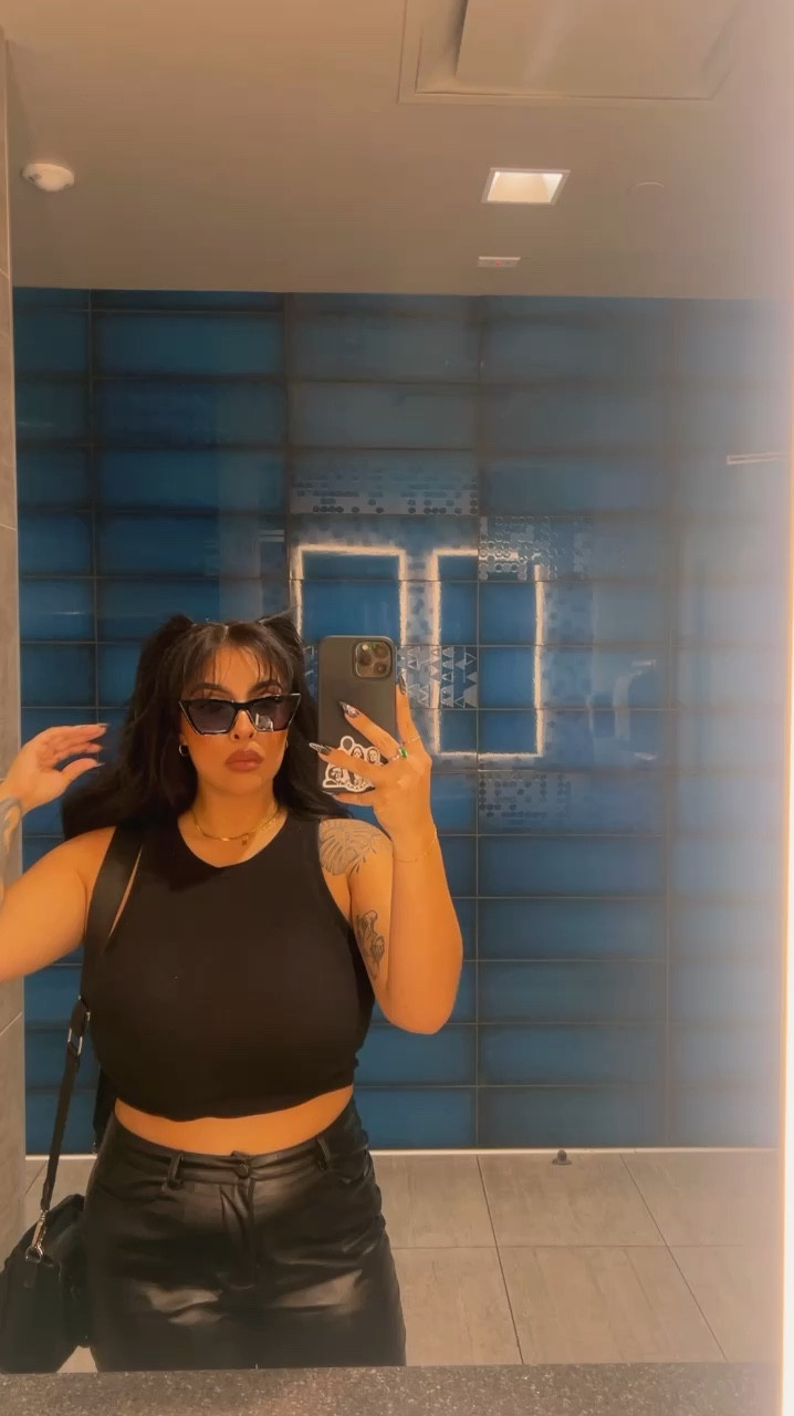 Top golf fit but for the girlies, crop tank leather pants high top black converse platforms, accessories Steve Madden purse with cat eye black sunnies 

#LTKU #LTKVideo #LTKstyletip
