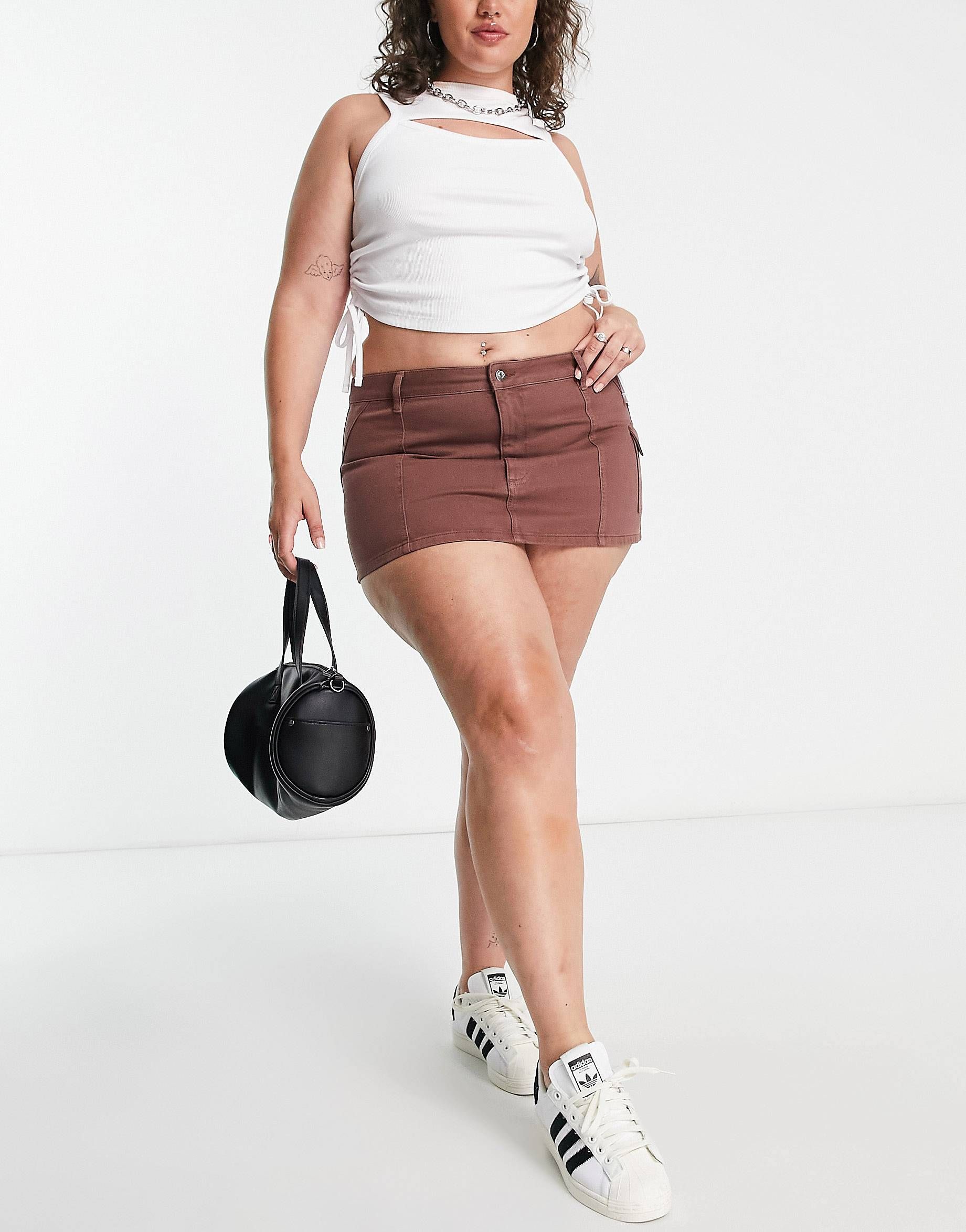 COLLUSION Plus denim Y2K cargo belt skirt in brown | ASOS (Global)