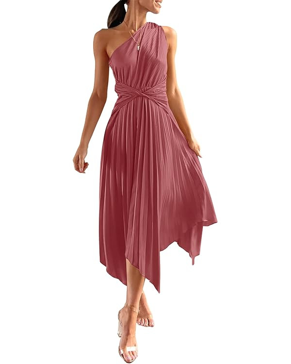 PRETTYGARDEN Women's Summer Long Satin Dress One Shoulder Sleeveless Ruched Twist Flowy Maxi Dres... | Amazon (US)