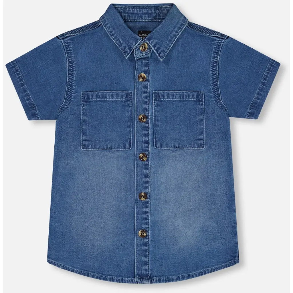 Deux par Deux Baby Boy's Short Sleeve Button Down Shirt Dark Denim Blue at Nordstrom, Size 18M | Nordstrom