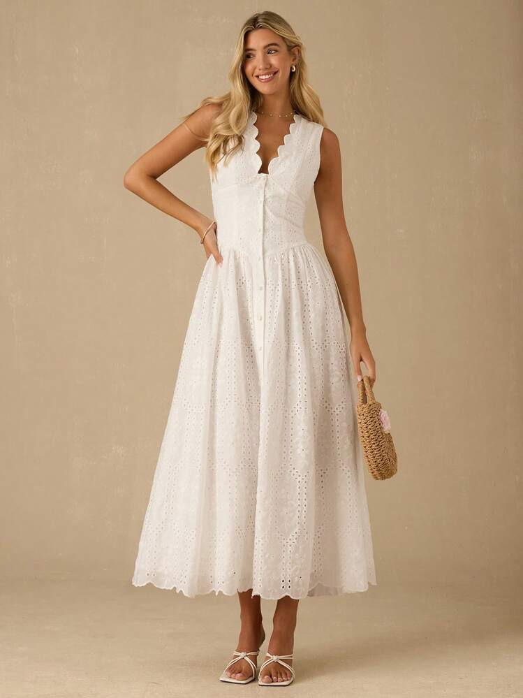 Enchnt Spring/Summer Romantic Women's Fashion White Shell Edge Sleeveless Embroidery Pattern Maxi Dress,Sweet&Elegant For Vacation&Date&Holiday&Party&Graduation&Wedding Guest&Beach,Prom Dress,Summer Dresses For Women,Sun Dresses For Women,Summer Clothes,Vestidos Elegantes De Mujer,Vestidos Elegantes Para Fiesta Business Casual Woman | SHEIN