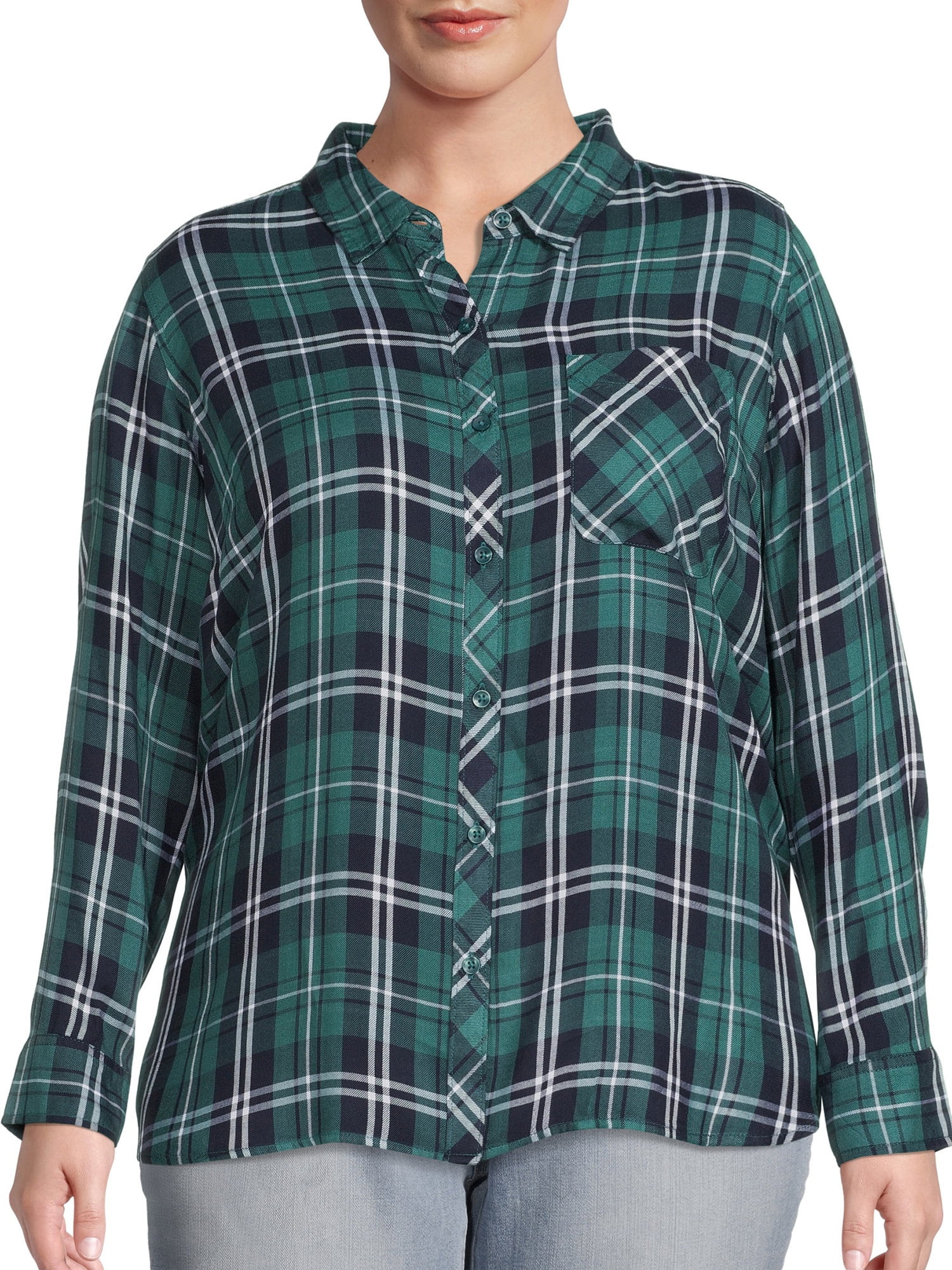 Terra & Sky Women's Plus Size Long Sleeve Plaid Woven Top - Walmart.com | Walmart (US)