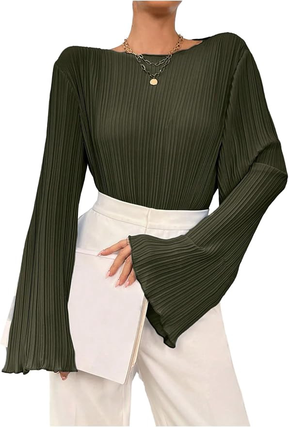 MakeMeChic Women's Bell Sleeve Boat Neck Lettuce Trim Textured Blouse Shirt Tops | Amazon (US)