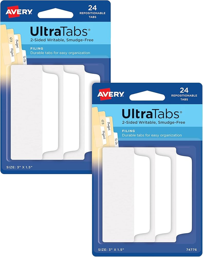 Avery Ultra Tabs, File Tabs, 3" x 1.5", 2-Side Writable, White, 24 Tabs Per Pack, 2-Pack, 48 Self... | Amazon (US)