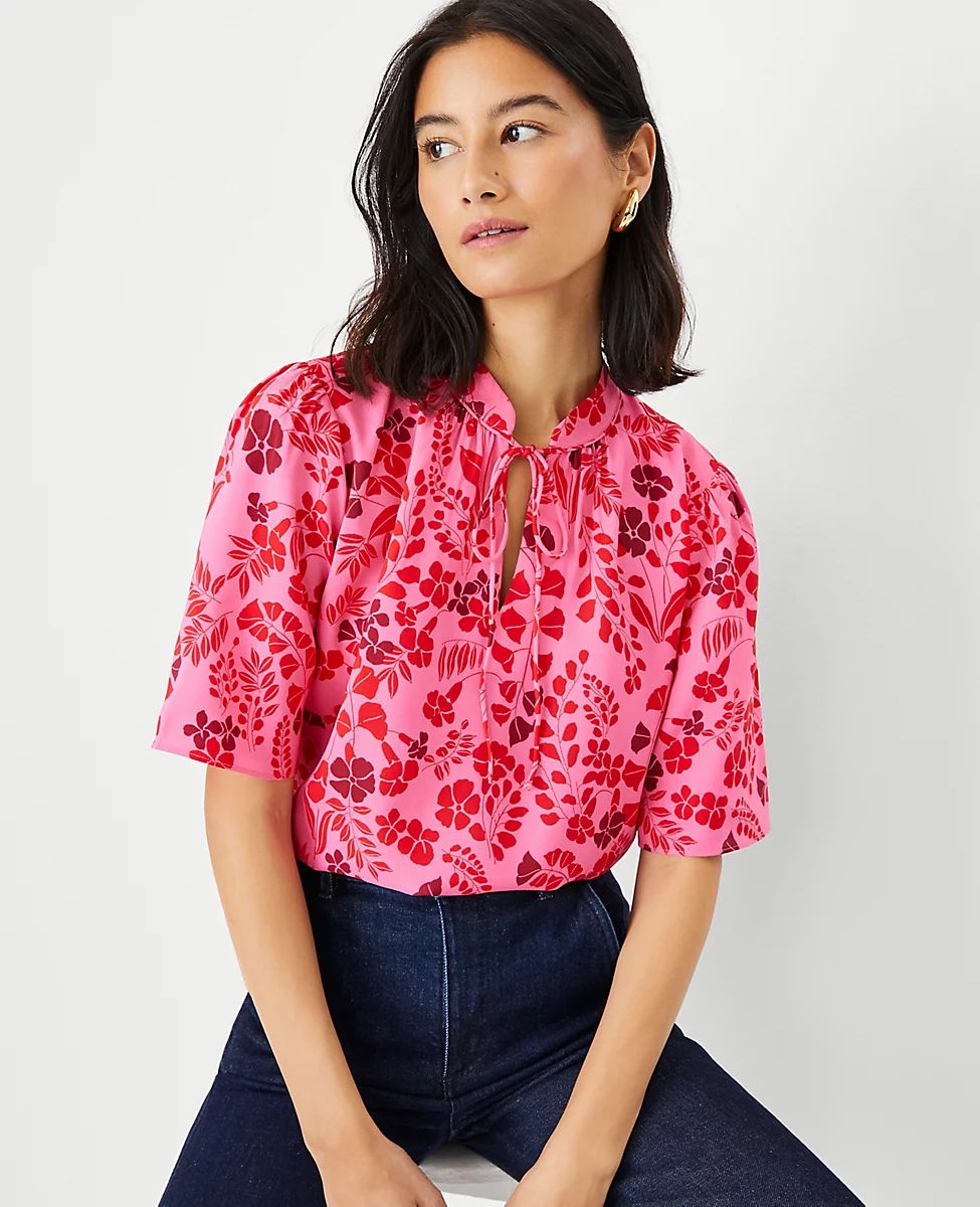 Floral Stand Collar Tie Neck Top | Ann Taylor (US)
