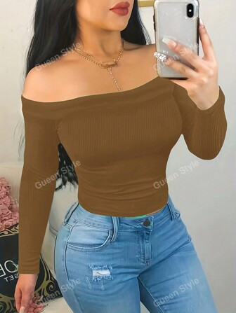 Off Shoulder Ribbed Long Sleeve Slim Fit Top For Autumn | SHEIN