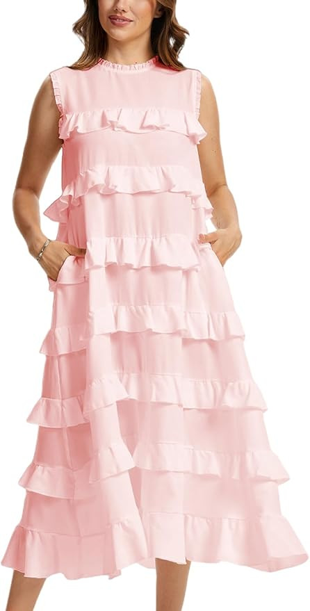 CUFEZN Women's 2026 Summer Ruffle Maxi Dress Casual Flowy Sleeveless Tiered Flounces Long Dresses... | Amazon (US)