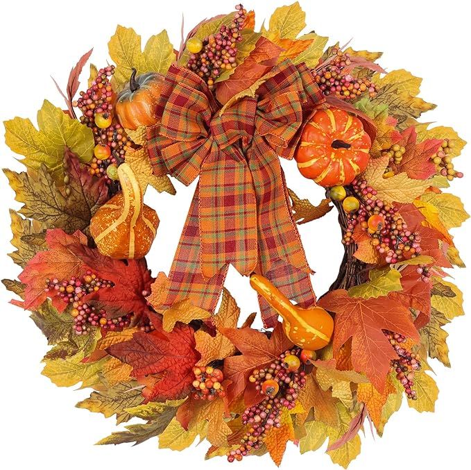 YEAHOME Fall Decorations for Home, 20" Fall Wreath with Maple Leaves Pumpkin Bowknot for Autumn D... | Amazon (US)