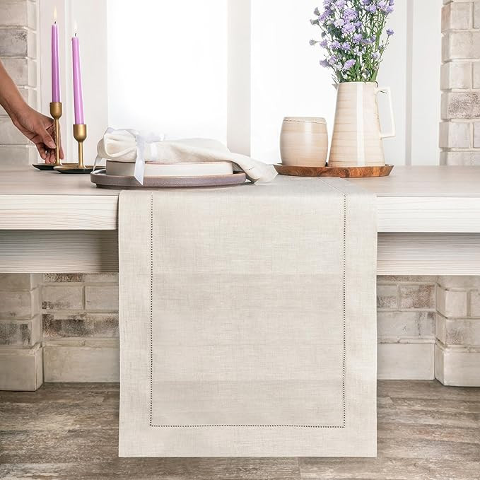 D'Moksha Homes Linen Table Runner 14 x 90 Inch - 100% Pure Linen Classic Hemstitch Light Natural ... | Amazon (US)
