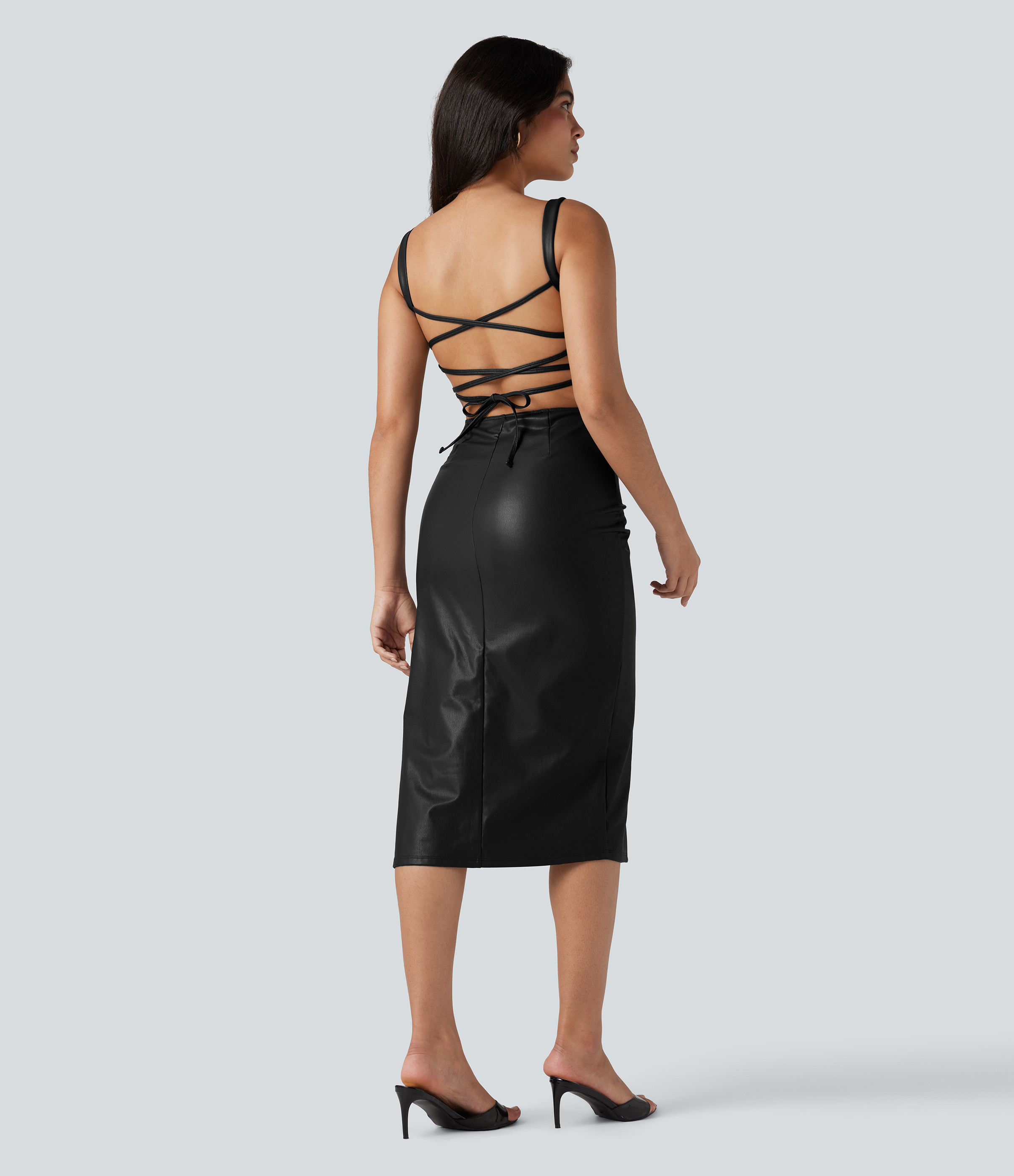 Halara Lace Up Fleece Midi PU Leather Dress Casual Dress - Black - L slip dress beach dress ruched dress halter dress exercise dress | HALARA