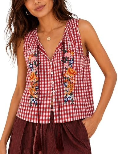 Womens Boho Floral Embroidered Tops Tie Front Blouse Summer Beach Vest Top | Soft 100% cotton fab... | Amazon (US)