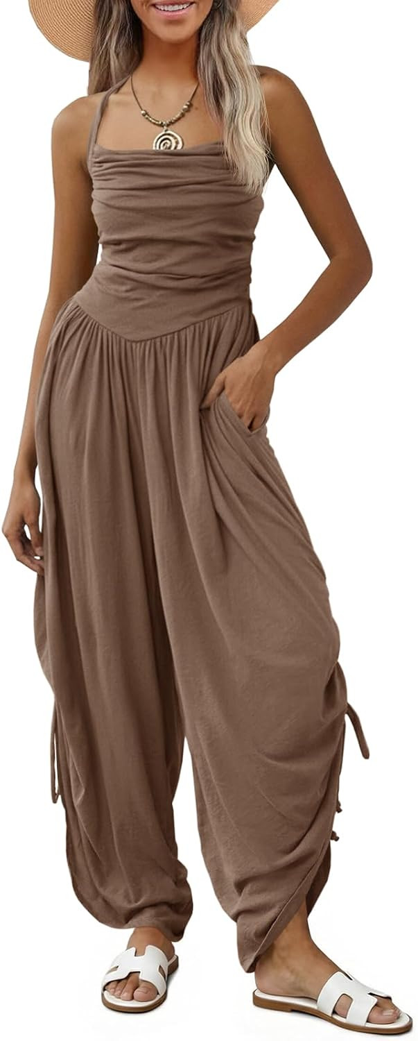 Fisoew Womens Casual Jumpsuits Summer Halter Straps Sleeveless Overalls Ruched Barrel Wide Leg Side-Cinch Long Pant Rompers | Amazon (US)