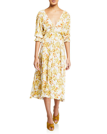 Faithfull the Brand Rafa Floral-Print Button-Front Puff-Sleeve Midi Dress | Neiman Marcus