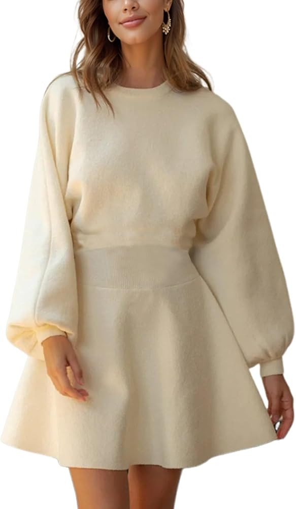 Womens Sweater Dress Puff Sleeves Crew Neck Knit Stretch Slim Fitted Bodycon Pullover Fall Mini D... | Amazon (US)