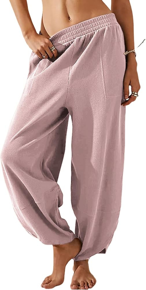 Xiaoxuemeng Womens Baggy Wide Leg Pants Casual Elastic Waisted Palazzo Harem Pants with Pockets | Amazon (US)