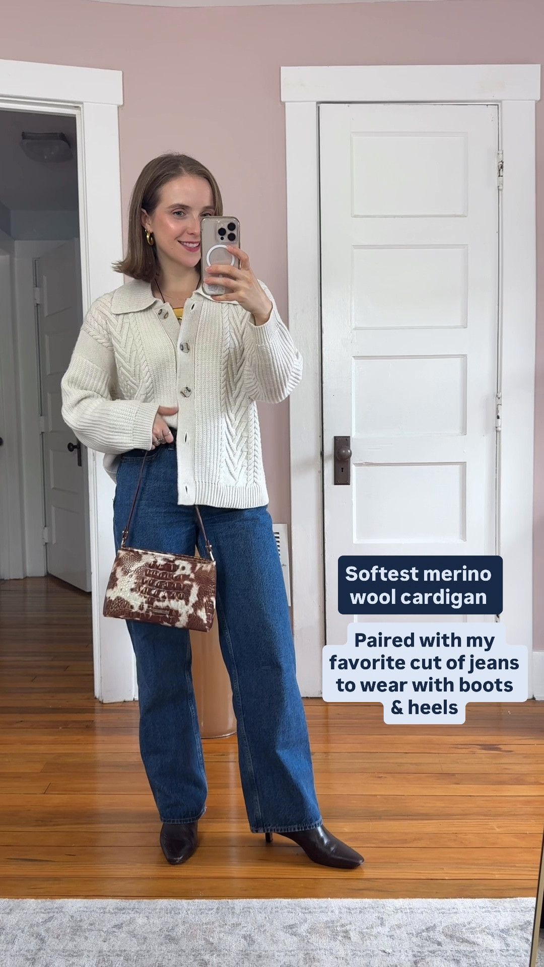 Cozy ootd for fall
Merino wool cardigan size xs
25 short loose jeans perfect slightly flared fit for boots and heels 
Cow print leather bag!


#LTKPetite #LTKFindsUnder50 #LTKSaleAlert