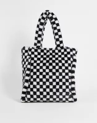 Skinnydip check fluffy tote bag in black and white | ASOS (Global)