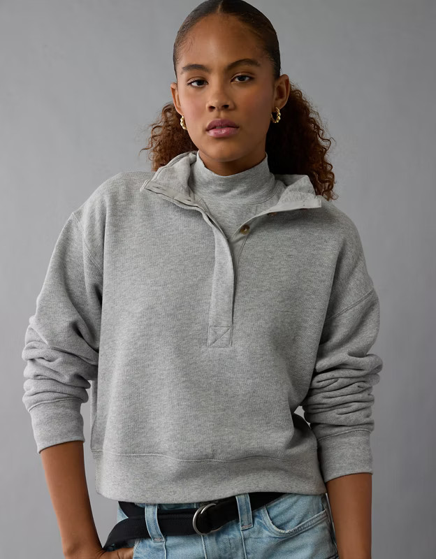 AE Cropped Henley Fleece Sweatshirt | American Eagle Outfitters (US & CA)