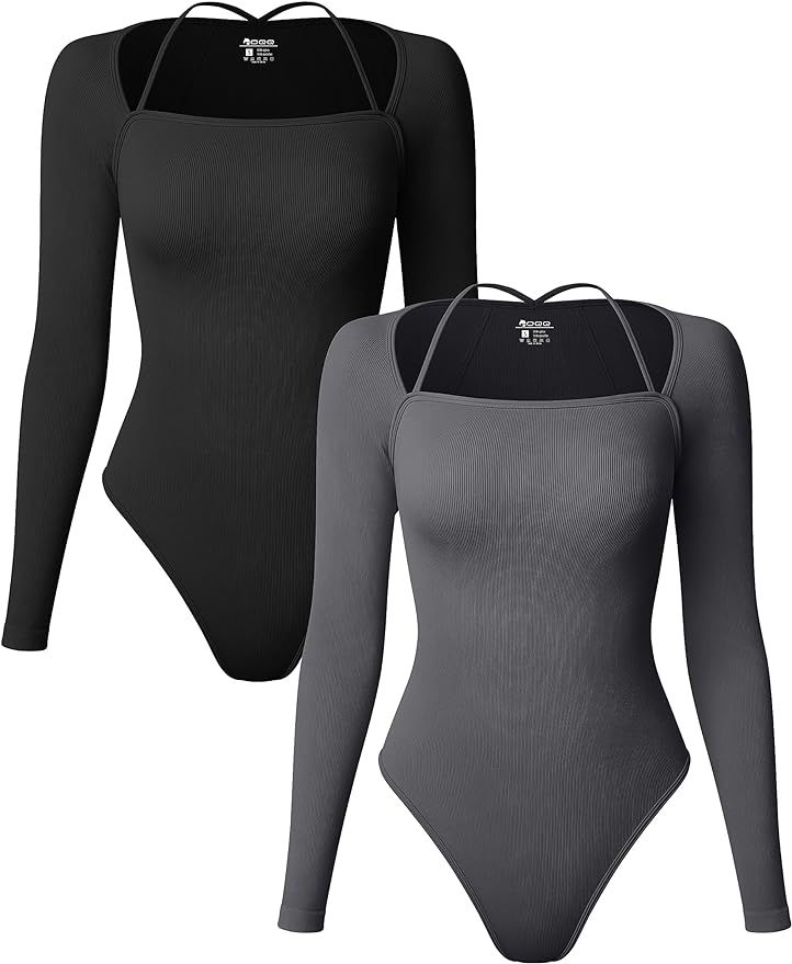 OQQ Women's 2 Piece Bodysuits Sexy Ribbed One Piece Long Sleeve Tops Bodysuits | Amazon (US)