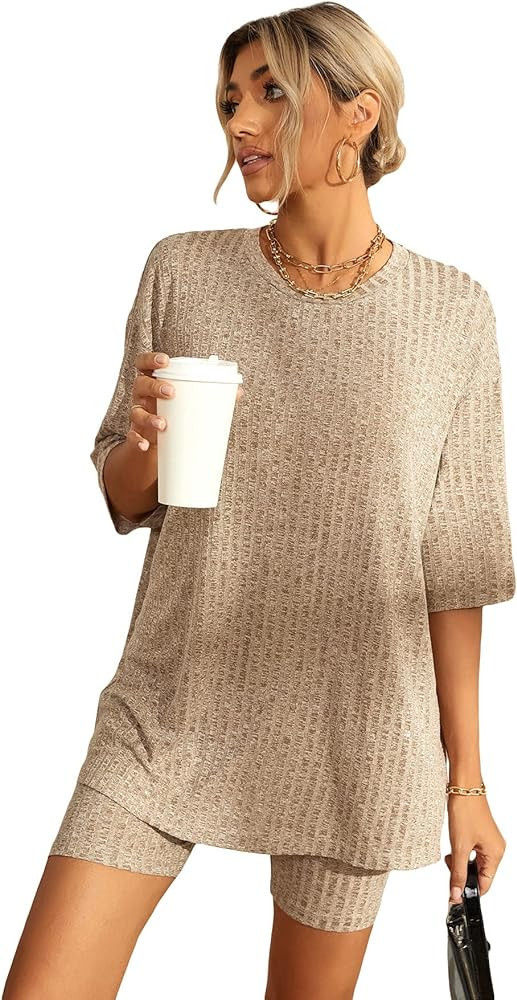 WDIRARA Women's 2 Piece Outfits Ribbed Short Sleeve Drop Shoulder Tee And Shorts Set | Amazon (US)