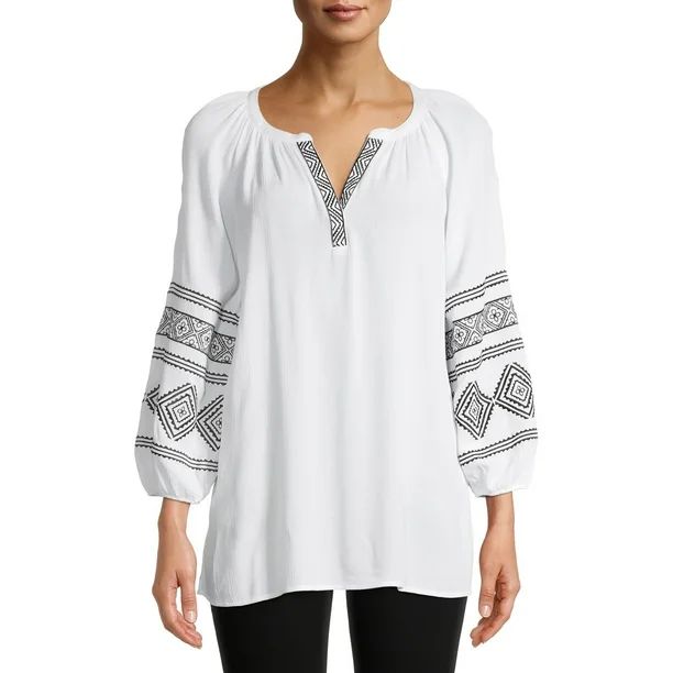 The Pioneer Woman Embroidered 3/4 Sleeve Peasant Tunic, Womens | Walmart (US)