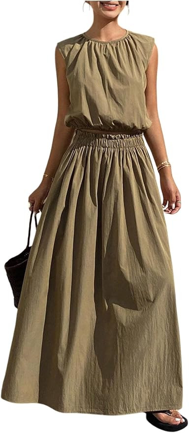Verdusa Women's 2 Piece Matching Sets Sleeveless Crop Tops with Maxi Skirt Brunch Outfits | Amazon (US)