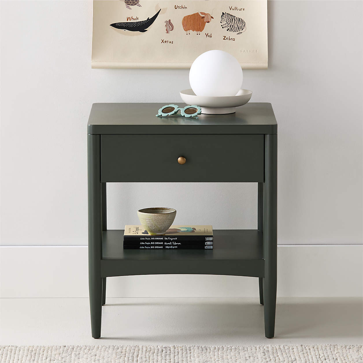 Hampshire Olive Green Wood Kids Nightstand with Drawer + Reviews | Crate & Kids | Crate & Barrel