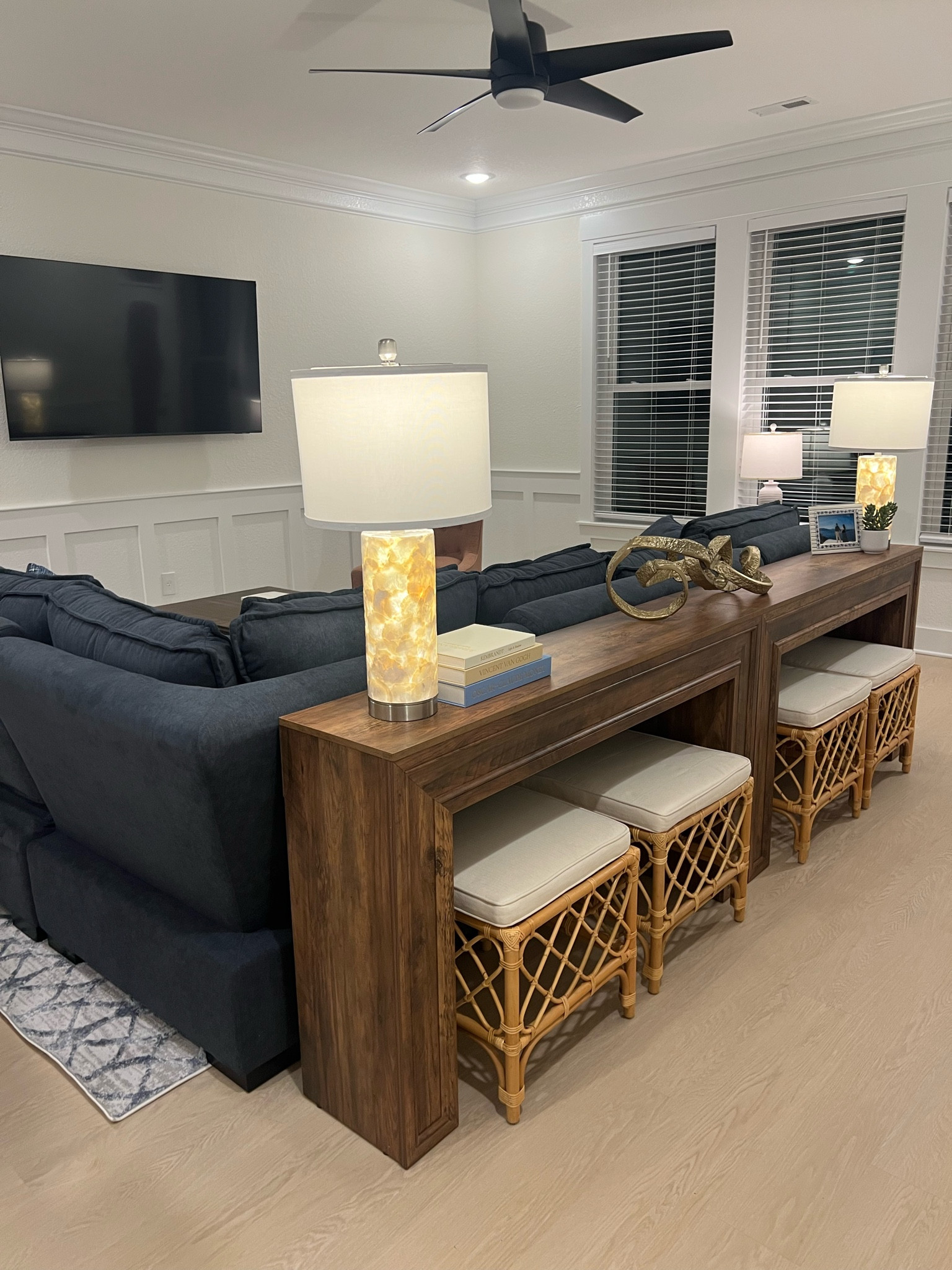 Coastal living room console table 

Extra seating, rattan ottoman, console table stool, sectional living room design, coastal decor, beach house decor 

#LTKhome #LTKSeasonal